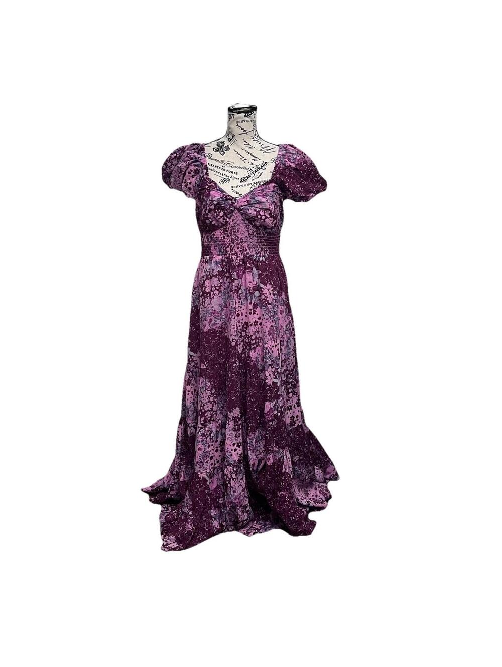 Free People Sundrenched Floral Maxi Dress XL Purple Pink Puff Sleeve Boho Hippie - Picture 2 of 10